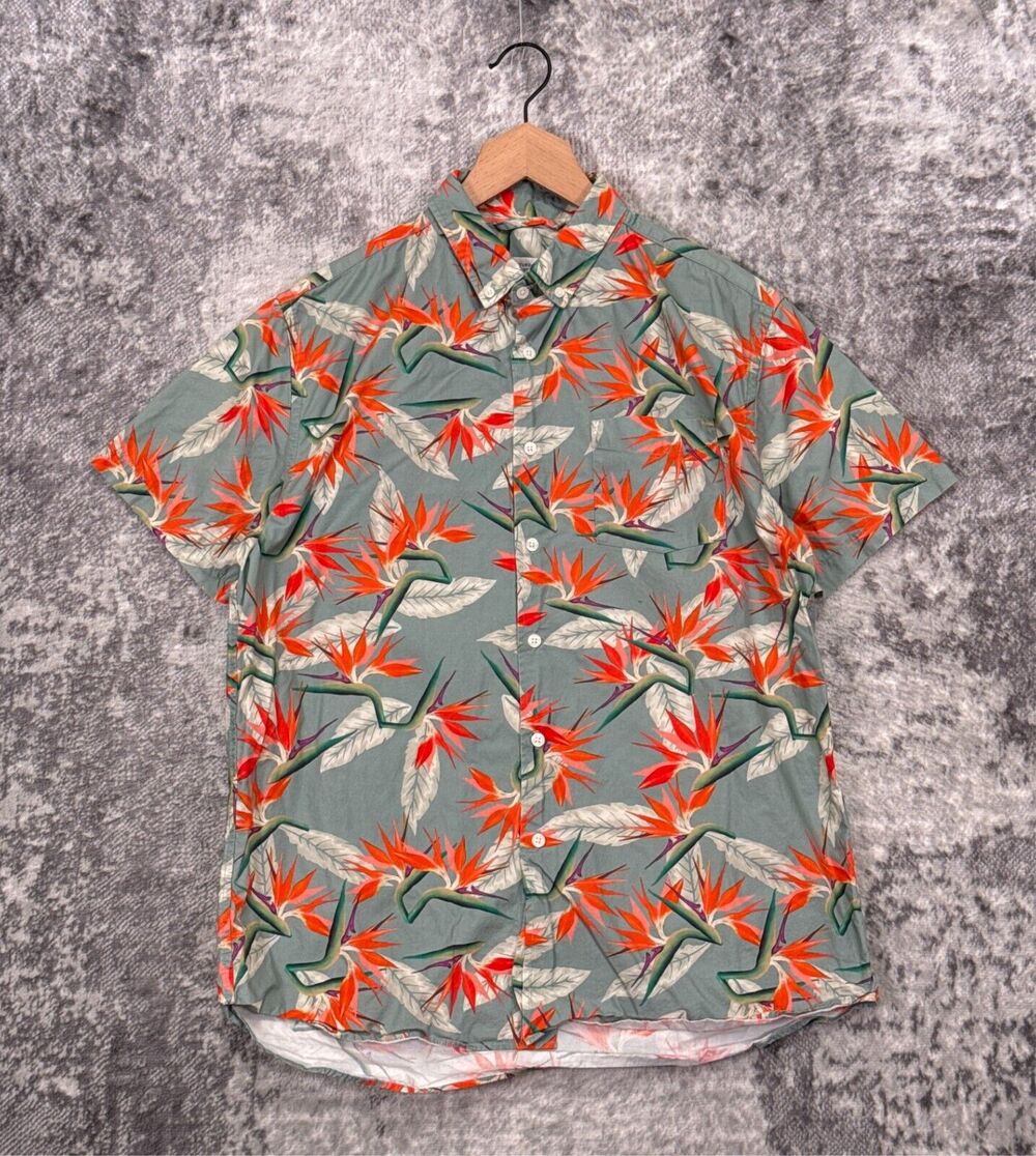 Saturdays NYC Shirt Large Mens Green Tropical Floral Short Sleeve Button Up